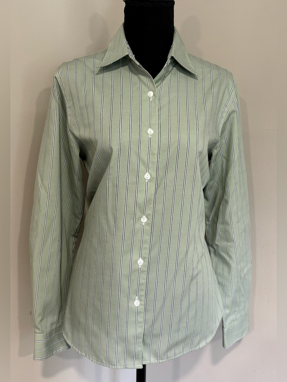 Foxcroft Wrinkle Free Green White Striped Button Shirt